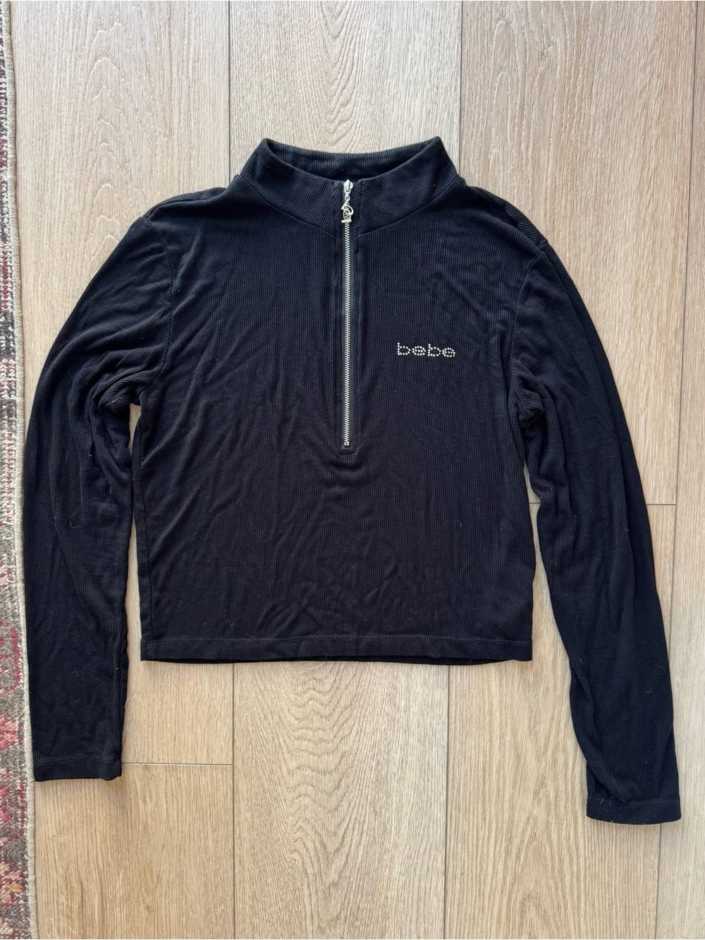 Bebe Black Ribbed Long-Sleeve Half-Zip Turtleneck Sweater